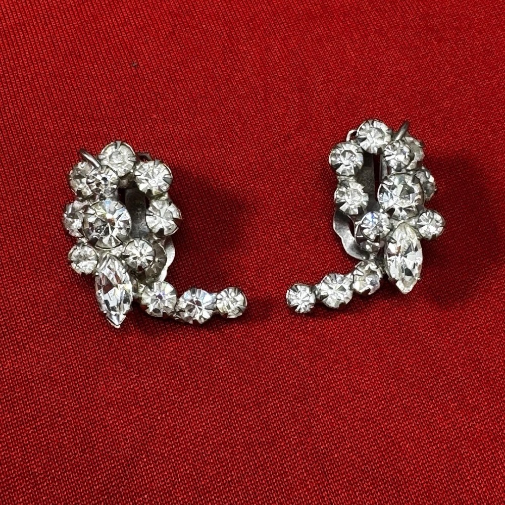 Vintage Clear Rhinestone Clip On Earrings Silver Tone Marquise Cluster Climber